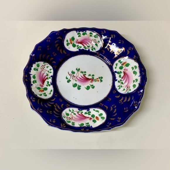 19th Century Vintage Gaudy Welsh Feather Pattern Square Scalloped Plate - Picture 13 of 15